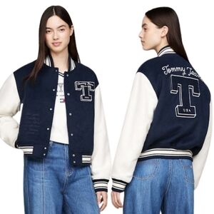 New! Tommy Jeans Wool Snap-Front Letterman Varsity Jacket